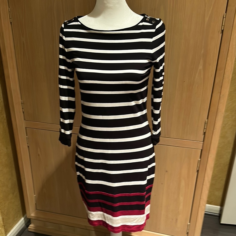 Striped Black and White Dress with Maroon Pinstripe Accents